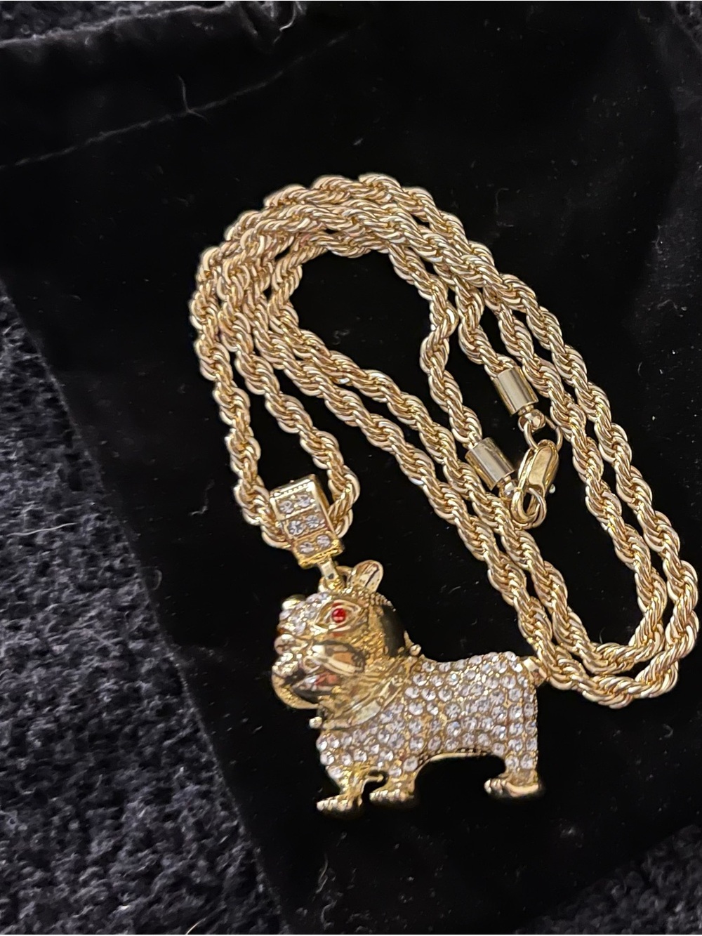 Vintage Gold Tone Bulldog Pendant Necklace with Clear Crystals